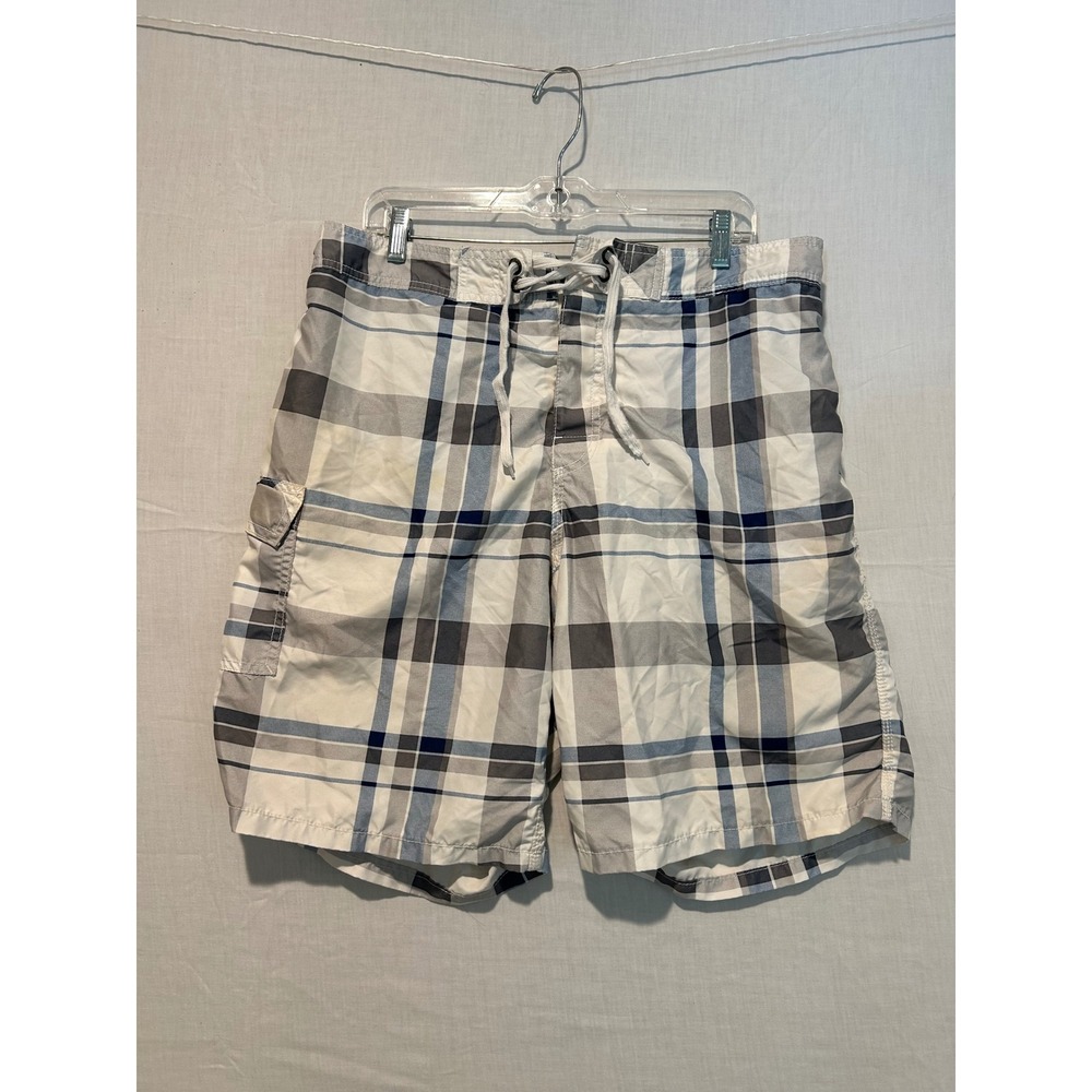 Old Navy Mens Plaid Board Shorts Blue White Grey Cargo Pocket XL 595575-00